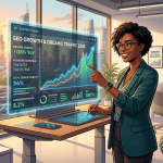 An African woman in a business suit points at a digital screen displaying SEO growth and organic traffic data in a modern office setting.