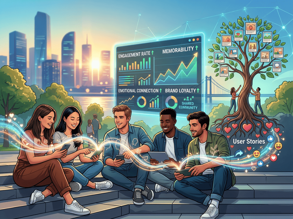 Group of diverse young adults engaging with digital devices in a city park, illustrating the importance of story-driven content for social media engagement and brand loyalty.