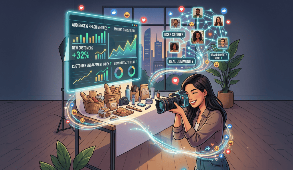 A social media manager capturing content at a desk with analytics and community engagement visuals in the background.