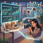 A social media manager capturing content at a desk with analytics and community engagement visuals in the background.