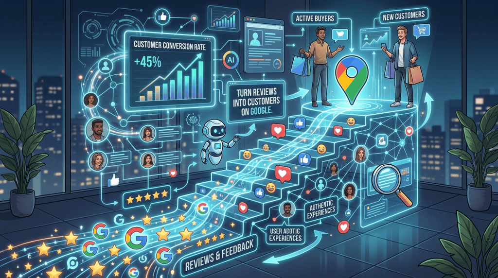 Digital marketing concept showing turning reviews into customers on Google with data analytics, AI, and customer engagement visuals.