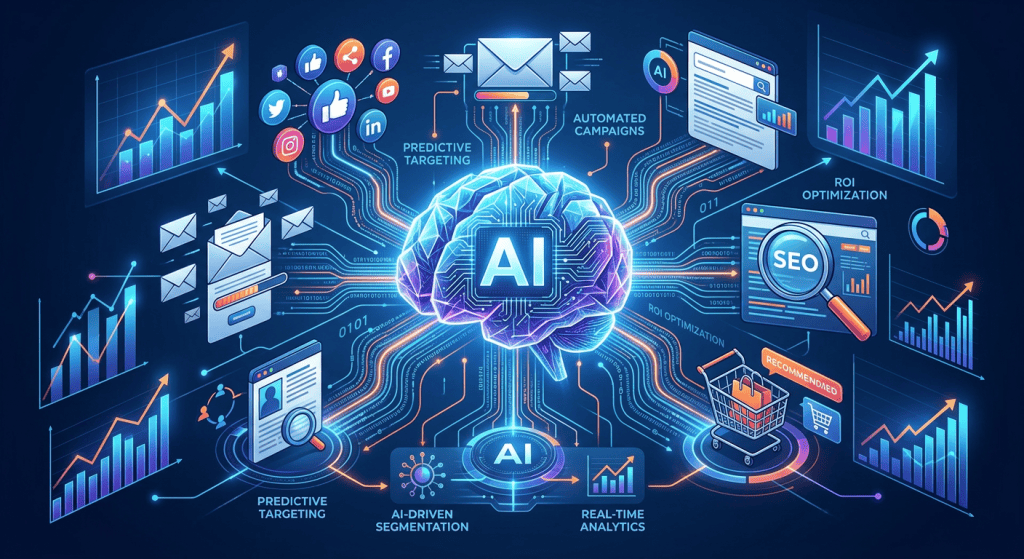 Digital marketing AI technology with graphs, charts, and icons representing data analysis and automation.