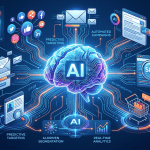 Digital marketing AI technology with graphs, charts, and icons representing data analysis and automation.